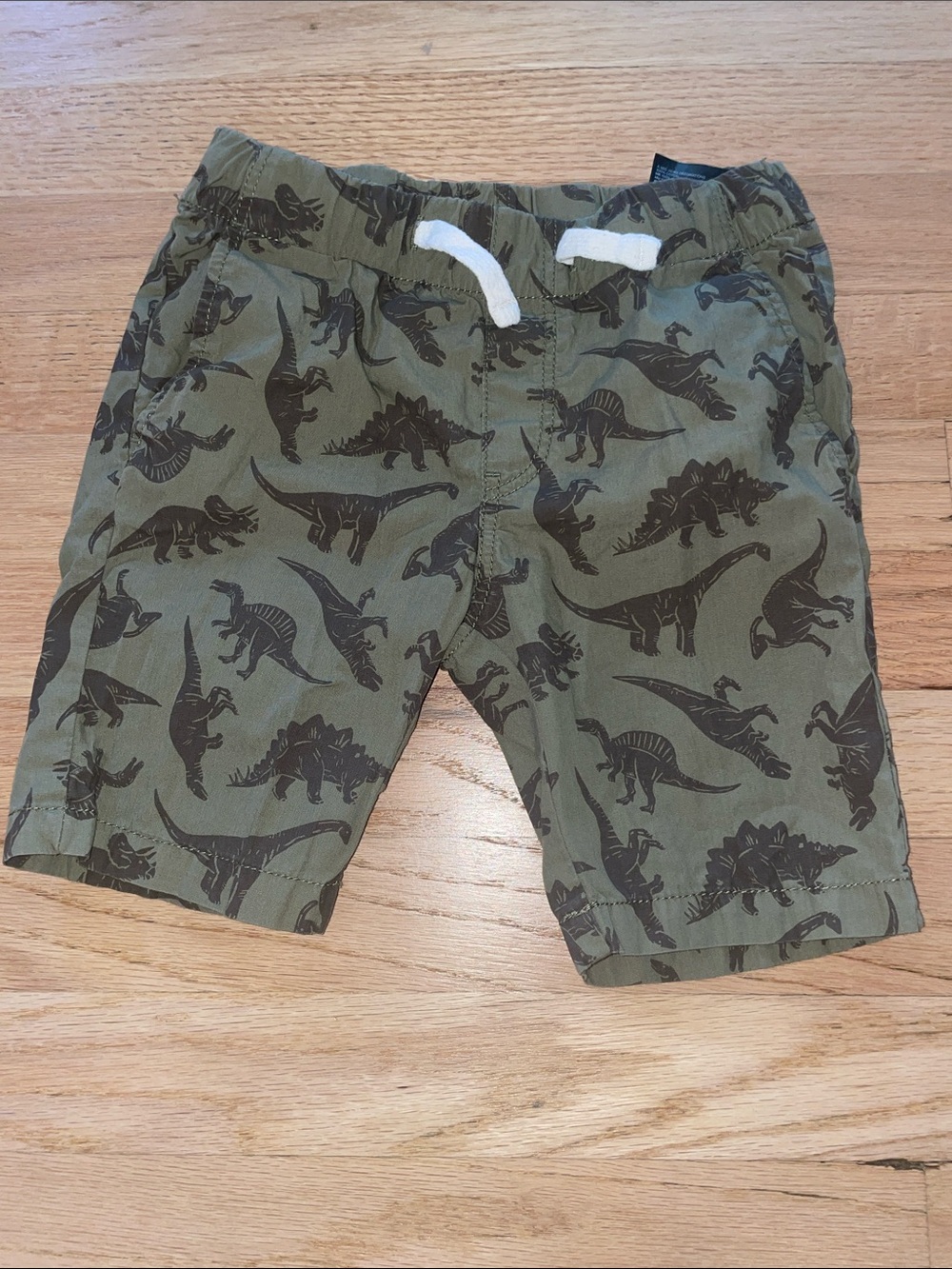 H&M Olive Green Dino-Print Shorts with White Drawstring
